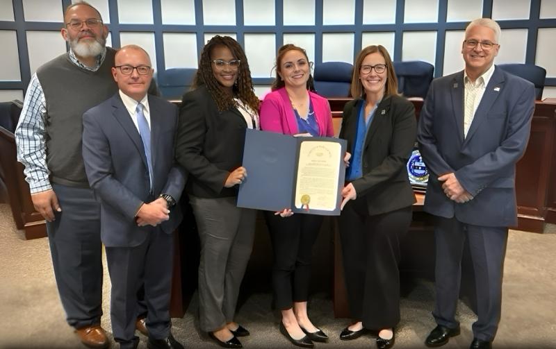 Gathered in recognition of Fair Housing Month at the Sussex County Council meeting are (l-r) Bruce Wright, First State Community Action Agency community development program manager; Doug Hudson, council president; Tyesia DuPont-Palmer, community development program specialist; Brandy Nauman, Sussex County Community Development and Housing director; Stephanie Moody; and Bill Davis. SUBMITTED PHOTO