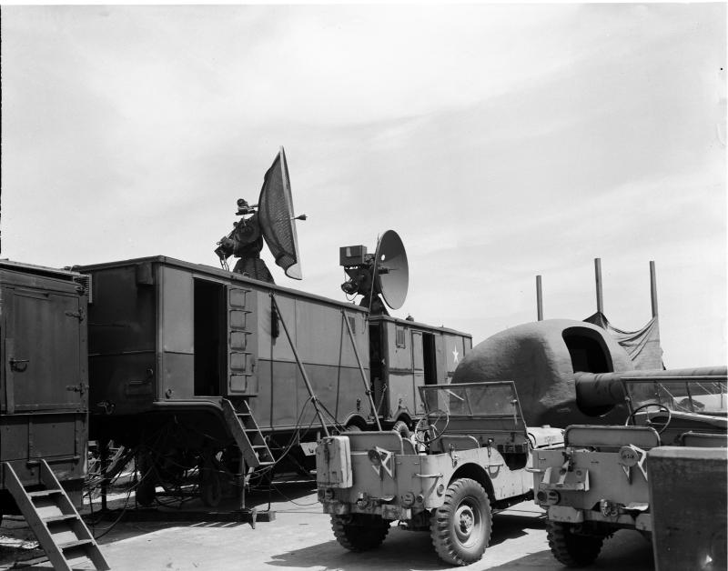 This photograph from 1946 or 1947 shows the setup for the Navy's Bumblebee rocket tests.