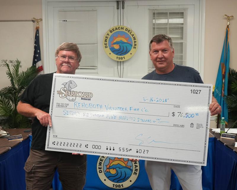 Rehoboth Beach Volunteer Fire Company Chief Chuck Snyder, left, accepts a $76,500 check from The Starboard owner Steve “Monty” Montgomery May 16. ELLEN MCINTYRE PHOTO