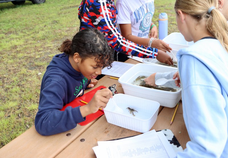 Kalisa Waples, left, and Alexa Scesa look at a crayfish, one of the many creatures found in Silver Lake.