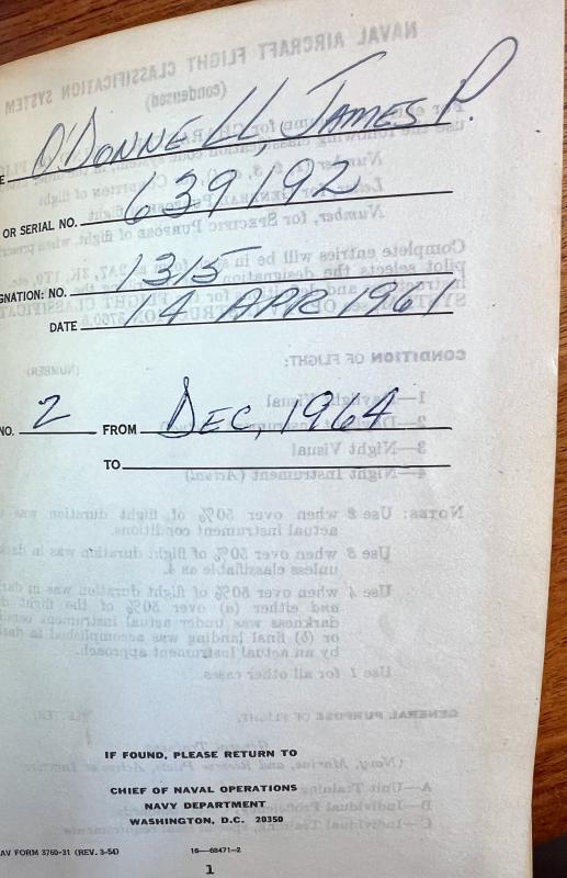 The first page of Jim O’Donnell’s Navy pilot logbook dated 14 April, 1961. COURTESY OF JIM O’DONNELL