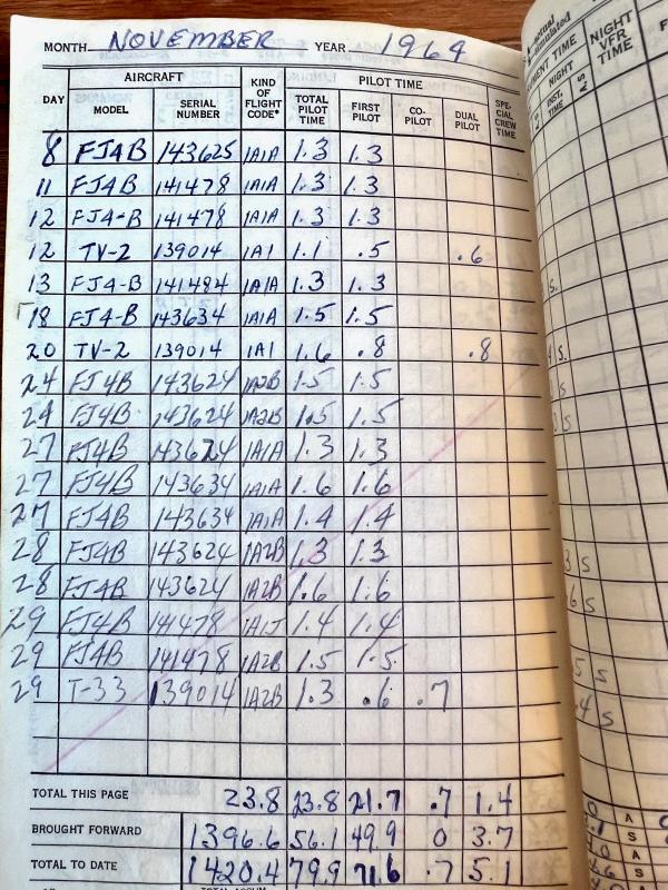 An example page from Jim O’Donnell’s Navy logbook from 1964, showing various aircraft he flew. O’Donnell has 30,000 hours in the cockpit, so far. COURTESY OF JIM O’DONNELL