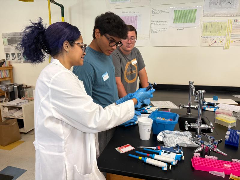 Conducting part of an experiment in a Cape AP biology class are (l-r) ChristianaCare Gene Editing Institute scientist Sarah LaTorre and students Krish Prattipati and Aidan Hudson. SUBMITTED PHOTOS
