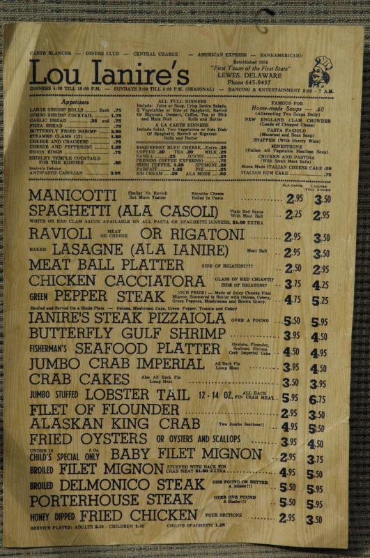 An old menu from Lou Ianire's Restaurant. PHOTO COURTESY OF TRISH MEDD