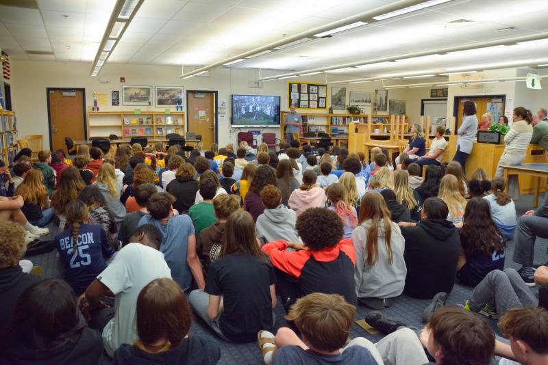 Beacon Middle School eighth-graders listen intently to Warren Rosenfeld’s story about family members who survived the Holocaust. SUBMITTED PHOTOS