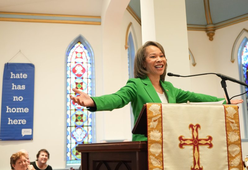 U.S. Sen. Lisa Blunt Rochester speaks at the launch of SOAH’s Hate Has No Home Here initiative.