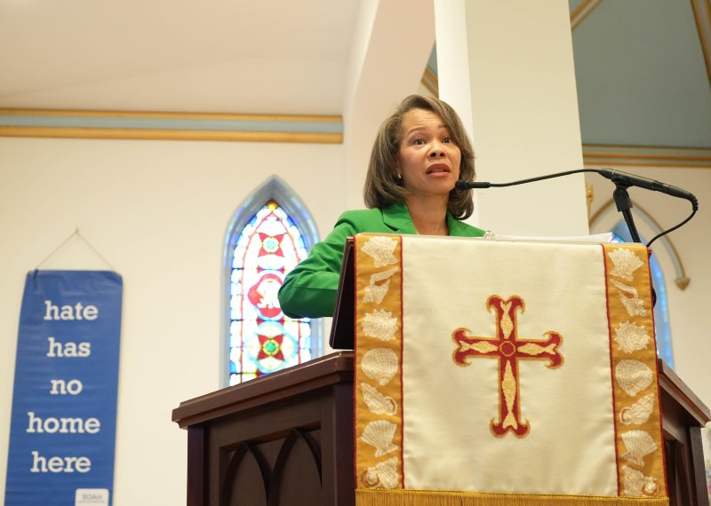 Keynote speaker U.S. Sen. Lisa Blunt Rochester addresses the crowd at Speak Out Against Hate’s meeting June 19 at St. Peter’s Episcopal Church in Lewes. ELLEN MCINTYRE PHOTOS