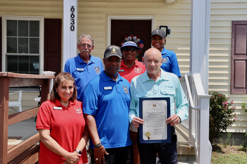 Home of the Brave honored its co-founders with a proclamation from the Delaware Senate. Shown in back are board members (l-r) Dallas Wingate, Angela Showell and Esther Fuller. In front are Liza Orlando, HOB board member; Greg Fuller, acting HOB executive director; and Les Stephenson, HOB co-founder.