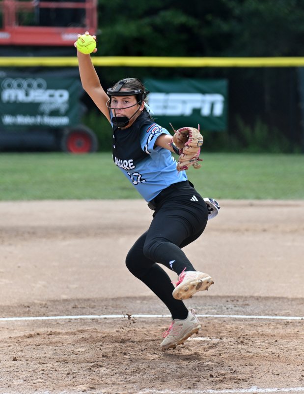 MaKenna Blades delivers to the plate in the Delaware 3-2 win.