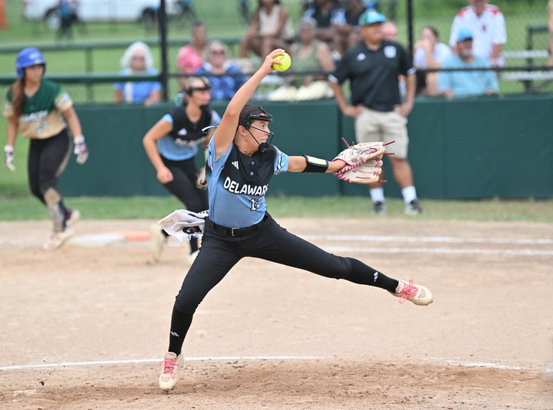 MaKenna Blades delivers to the plate in the Delaware 3-2 win over Asia-Pacific. DAN COOK PHOTOS