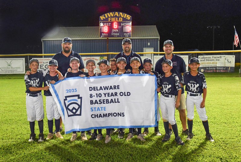 The Delaware 8-10 all-stars in back are (l-r) coach Jordan Reynolds, manager Bobby Delacy and coach Drew Libby. In front are Wyatt Dean, Jacob Reynolds, Krew Johnson, Michael Sockriter, Bryce Delacy, Jase Delacy, Jaxon Kulp, Henry Hill, Brock Davis, Hudson Libby and Roman Schlezes.