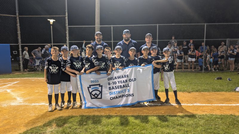 Milton 8-10 baseball all-stars defeated Lewes July 11 at Nanticoke Little League to become the District 3 champions, punching their ticket to the state tournament. Shown in back are (l-r) Bob DeLacy, Jordan Reynolds and Drew Libby. In front are Henry Hill, Wyatt Dean, Krew Johnson, Jase DeLacy, Jaxon Kulp, Bryce DeLacy, Jacob Reynolds, Hudson Libby, Roman Schlezes, Brock Davis and Michael Sockriter. AARON R. MUSHRUSH PHOTOS