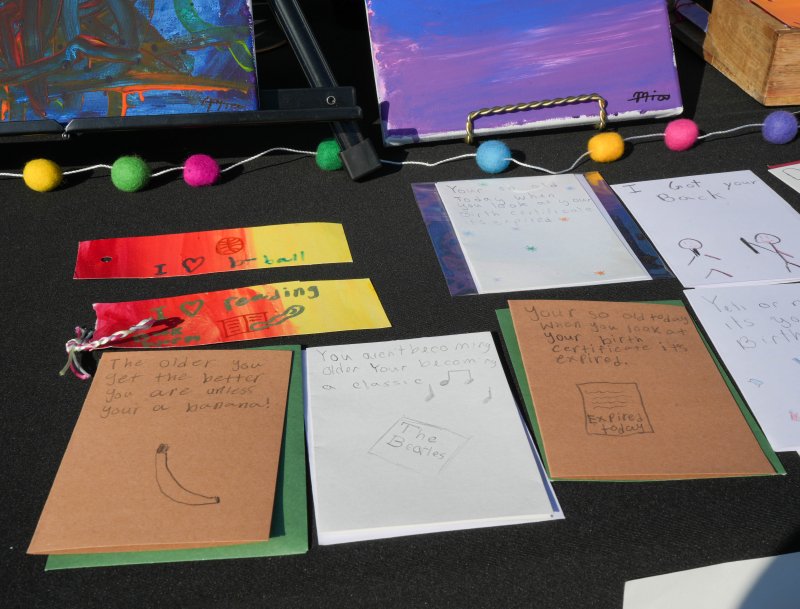 Mia Kemmerlin, a fifth-grader at Lewes Elementary, created these punny greeting cards. She also made colorful abstract paintings and bookmarks.