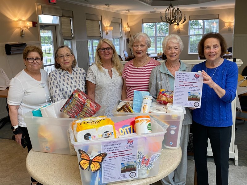 Gathered with some of the donated items are (l-r) Terry Yates, GFWC Zwaanendael Women’s Club; Cila Ricker; MaryLou Poffenberger; BetteJayne Barney, GFWC state chair for domestic violence; and Vicki Littell and CeCe Mitrani, The Moorings. SUBMITTED PHOTO