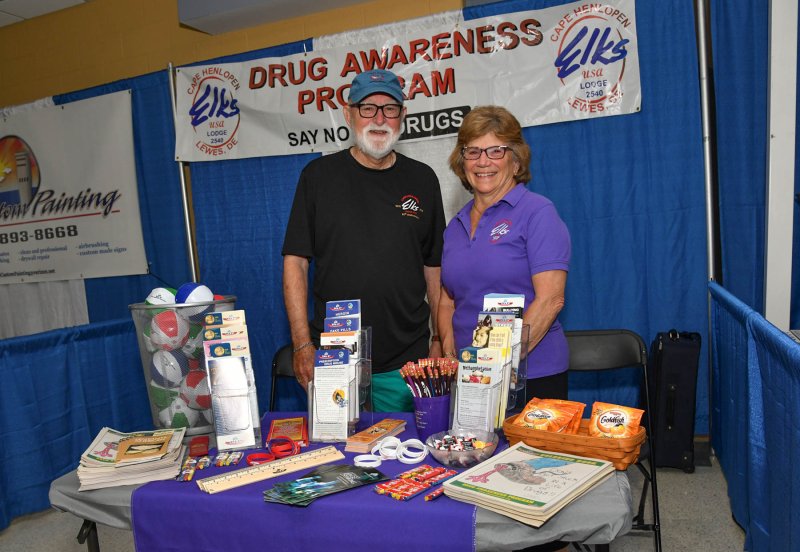 Working the Elks Lodge drug awareness booth are Bob Banes and Marilou Hahn.