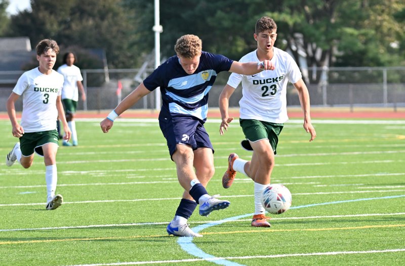 Cape junior Austin Tyndall blasts one of his four goals in the 7-0 victory over Odessa. DAN COOK PHOTOS