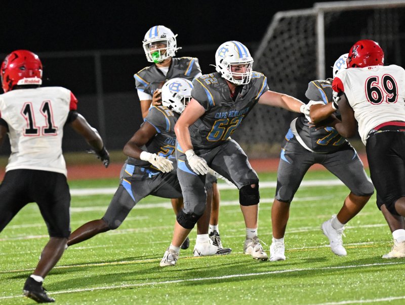 Cape senior lineman Liam Ramsey pass blocks for Jameson Tingle.