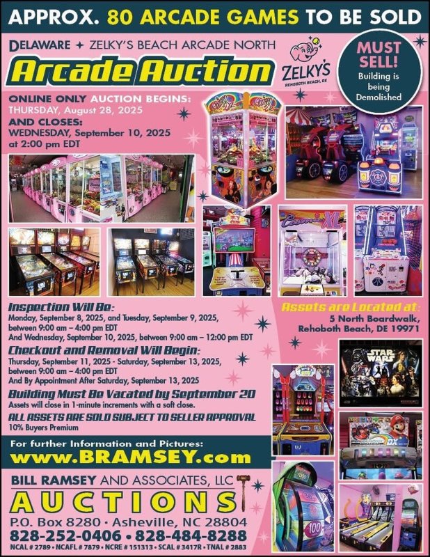 The auction notice includes images and information. ZELKY’S BEACH ARCADE IMAGE