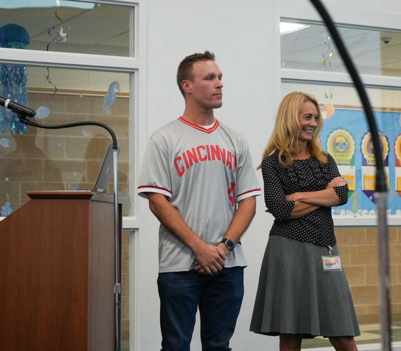 Cape social studies teacher Jon Day, left, stands with Superintendent Jenny Nauman ahead of receiving his GEM award.