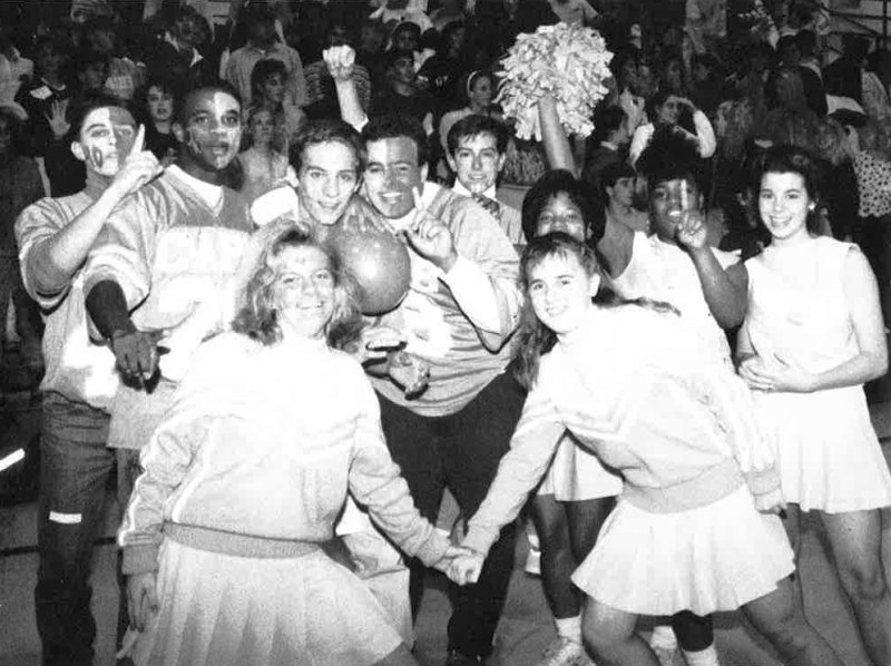Celebrating Spirit Week are (l-r) Steve Kaminski, Willie Savage, Fred Best, Chris Moody, Jay Lewis, Nicole Howell, Meika Eley and Angela Palumbo. In front are Heather Bacher and Carrie Bridges. SOURCE: VALHALLA YEARBOOK