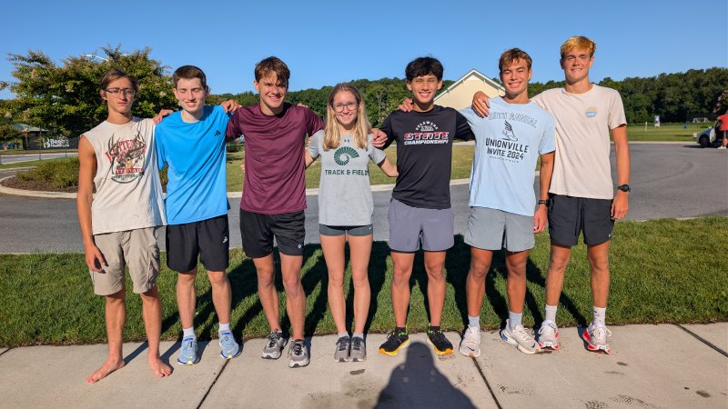Sussex Academy cross country will have six seniors on the boys’ team and one on the girls’ side. Shown are (l-r) Aiden Zook, Douglas Kleintop, Kieran Probert, Katya Geyer, Rocco Buonopane, Ryan Moody and Will Parker. AARON R. MUSHRUSH PHOTO