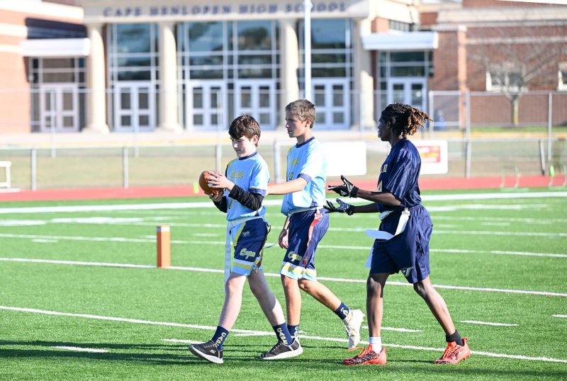 Cape’s Harley Jones took a handoff from Jaxson Holgerson and ran protected from the Blue Jays’ defense and went 30 yards for the Vikings’ fourth touchdown of the game.