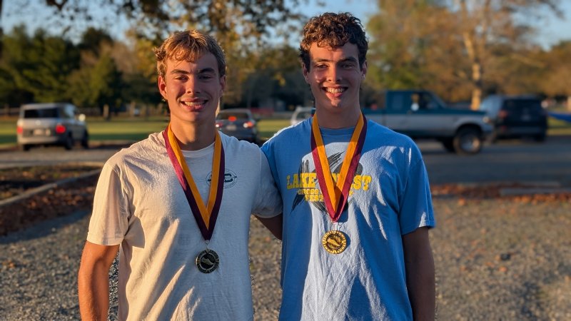 Sussex Academy senior Ryan Moody, left, won the 53rd Annual Salisbury University High School Tidewater Classic Oct. 1 with a personal record of 15:56 and his brother Benjamin Moody took eighth place when he crossed at 17:09. AARON R. MUSHRUSH PHOTO