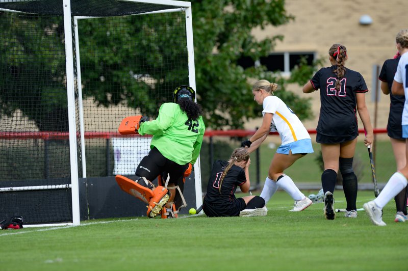Temperance Thornley is beaned by ball that rolls into the goal.