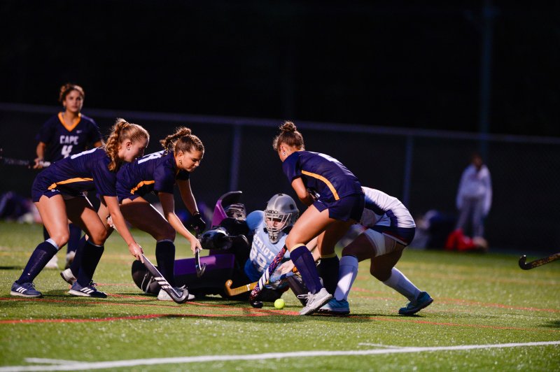 Cape has Patriots goalie Karly Estes down and out of position.