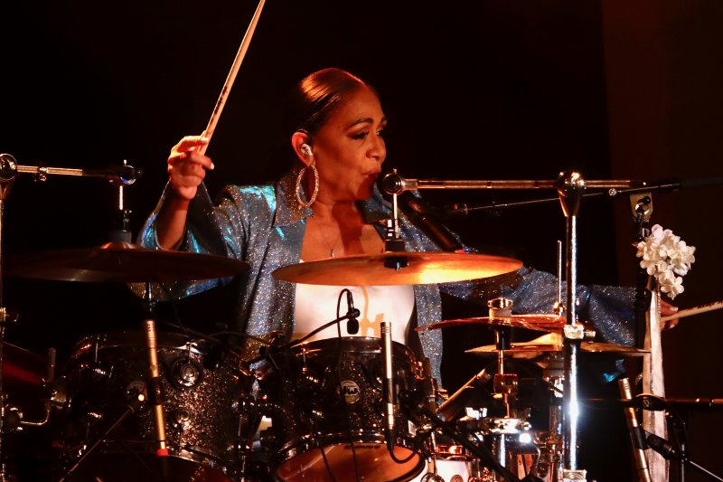 Sheila E. on her signature drums. She said she started her current band in 1997 because she wanted to play the drums.