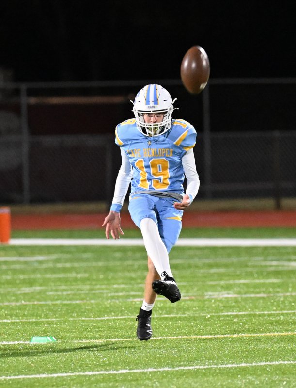 Cape freshman Samuel Schubert slams a kickoff.