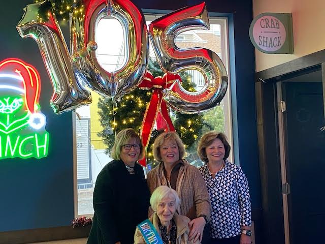 Bonnie McCarthy, front, celebrates her 105th birthday at Starboard Claw in Dewey Beach Nov. 16. Behind her are daughters (l-r) Jenny Clark, Maureen Mahfoudi and Dale Cummings.