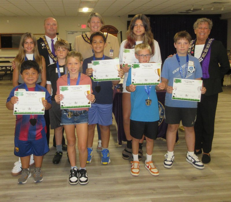 Elks representatives announced the Youth Soccer Shoot award winners and presented certificates Oct. 7. Shown are in back (l-r) Elks Exalted Ruler Marty Schreck and District Deputy Nicole Evans. In the middle are Sophie Mazzetti, Lucas Schultz, Atalay Bilek, Isabella Iarussi, and Kelly Barber, soccer shoot chair. In front are Jordi Farrera, Vae Caruthers, Luke Underwood and Wyatt Heritage. Honorees not present were Yandery Rivera Niz, Lily Schrock, Carys Olachea, Christian Lopen, Briella Rivera, Ashlynn Kelley, Anthony Lopez and London Nichols.