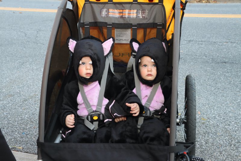 Aria and Riah Mulvihill get a ride up Kings Highway on Halloween.