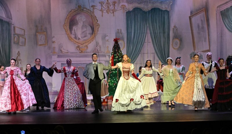 Dancing in the opening party scene are (l-r) Madeline Roch-Dornisch, Summer Fusco, Kole Loftin, Olivia Conaway, Caitlin Goodhue, Emma Randazzo, Lorilyn O’Day and Sienna Smith.