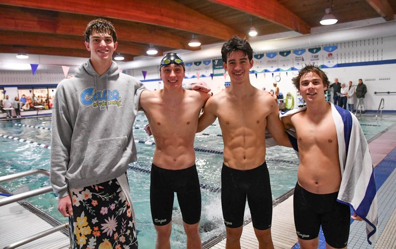The boys’ medley relay team won with a time of 1:46.73. Shown are (l-r) Brady Schell, Weston Bohl, Brooks Leonhartt and Ryan Morgan.