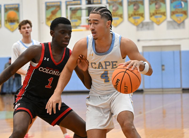 Cape’s Jameson Tingle starts to drive on the Colonials’ Kyndal Riley-Garlick.