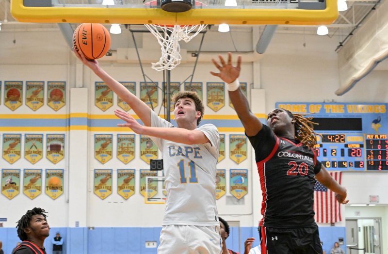 Cape senior Braxton Figgs goes up and under for two against William Penn’s Mu'adh Ibn Jaabir-Johnson in the 11-point victory over the Colonials. DAN COOK PHOTOS