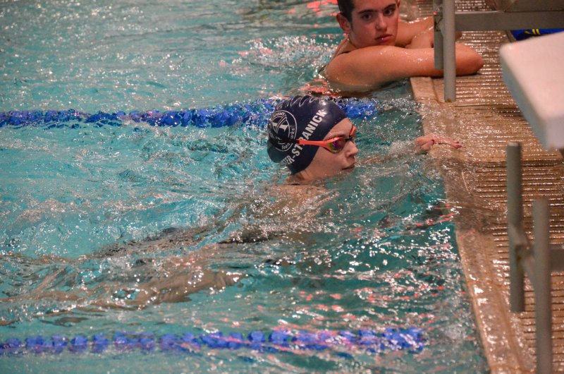 Seahawks senior Sarah Lester Stranick surfaces after wrapping up the 400 medley.