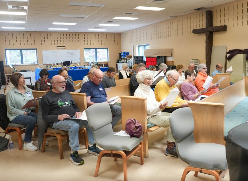 Members of the Parkinson’s Education and Support Group of Sussex County choir rehearse in 2024 at Epworth United Methodist Church north of Rehoboth Beach. The choir will present a free concert Dec. 18 at Epworth UMC. ELLEN MCINTYRE PHOTO