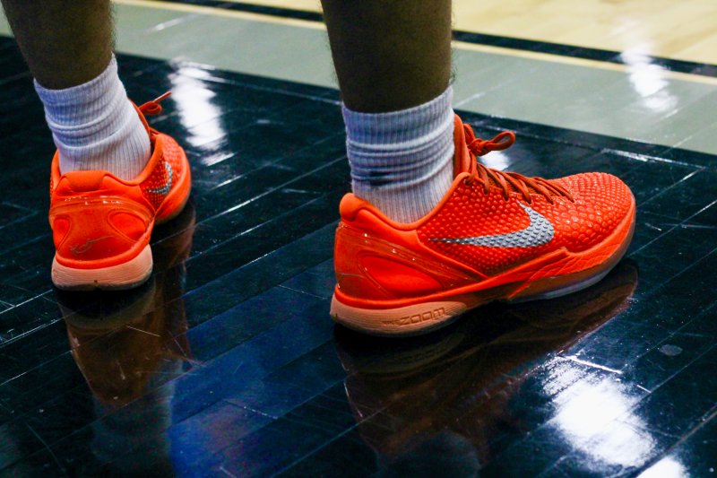 Delmarva Christian freshman Aarian Tucker was rocking the Kobe 6 Protro Total Orange shoes.