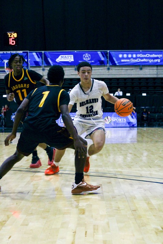 Delmarva Christian freshman Aarian Tucker operates on the perimeter.