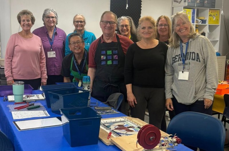 Fall participants in the University of Delaware’s Osher Lifelong Learning Institute stained-glass class are in back (l-r) Susan Wilson, Elaine Jones, Wendy Gee, Betty Kaupa and Inge Sobel. In front are instructors Rodney Lau and Paul Puch; and lifelong learners Margo Seiffert and Beth DeFrances. SUBMITTED PHOTO