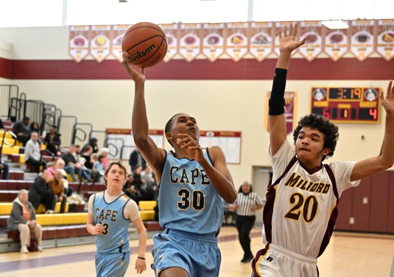 Cape’s Zane Richardson goes in strong for two on Milford’s Lentwane Hall. He was high scorer in the game with seven points.