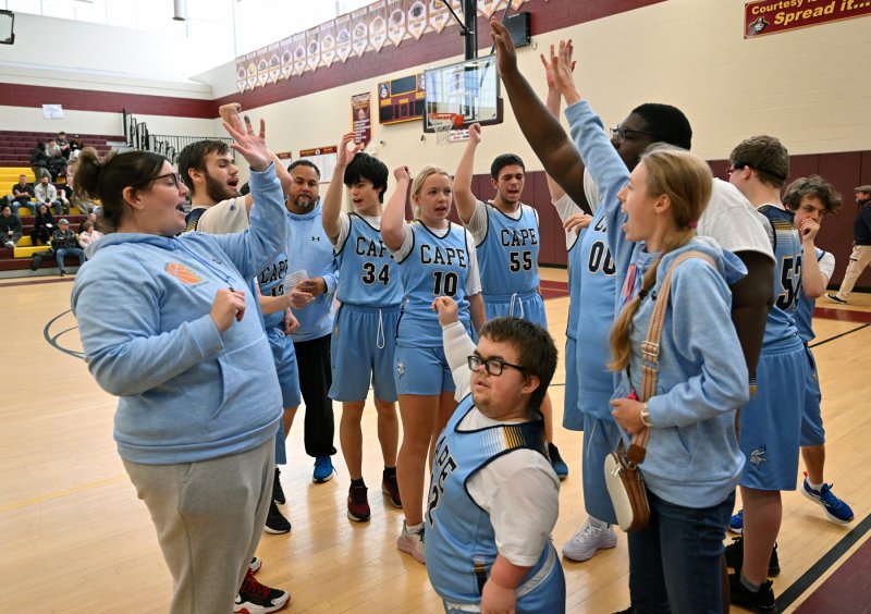 Cape coach Katie Collick rallies her players during a timeout.