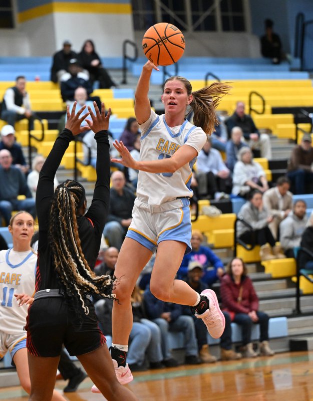 Cape senior Amalia Fruchtman goes airborne for a pass down low.