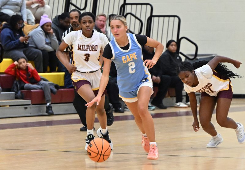 Cape sophomore Mikaela Gordon speeds the ball up the court after a steal.