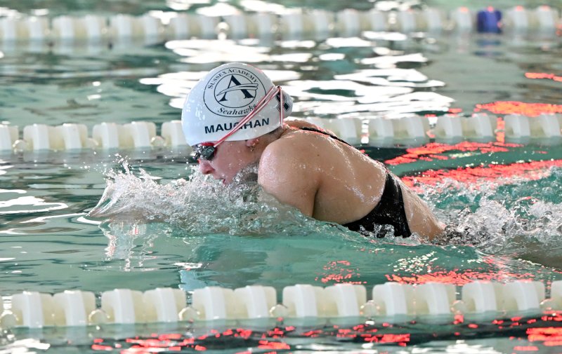 Sussex Academy sophomore Gretchen Maughan wins the 100 breaststroke with a time of 1:08.23.