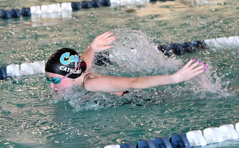Cape senior Rylie Cathcart swims the fly leg of the medley relay.