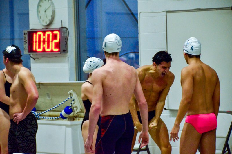 Sussex Academy senior Christian Wright is pretty pumped after his leg of the 400 freestyle was the fastest 100 time in school history. Earlier in the Jan. 12 meet against Sussex Tech, he broke his own record in the 50 freestyle. AARON R. MUSHRUSH PHOTOS